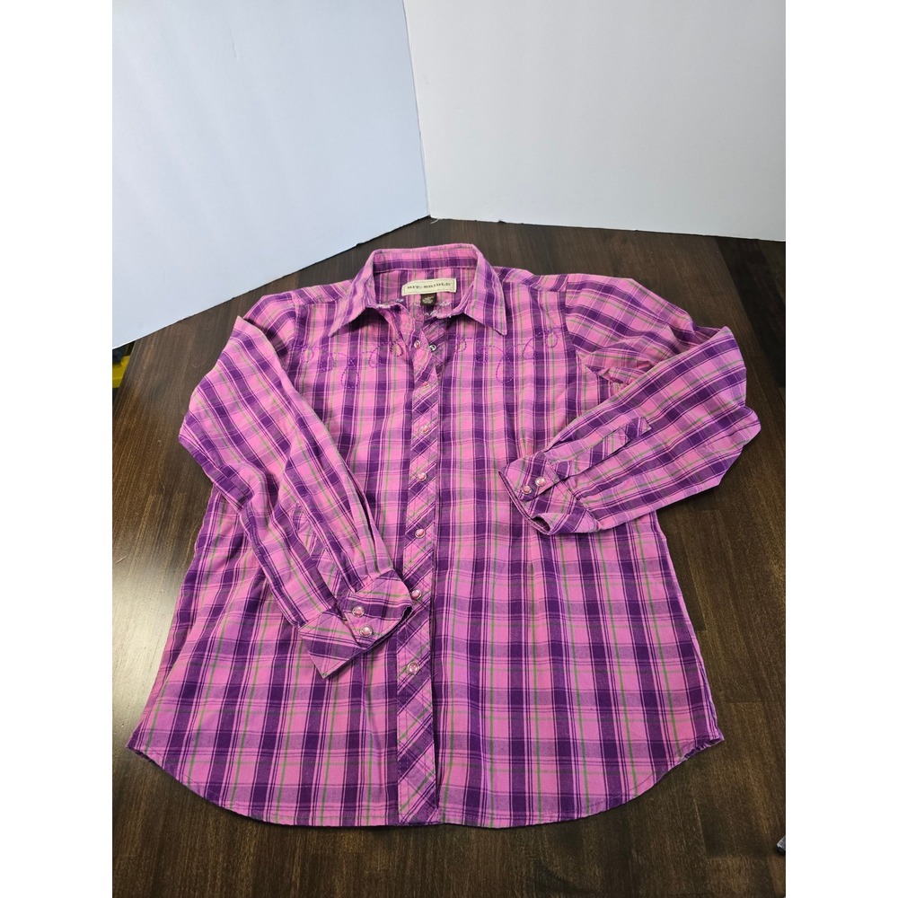 Bit & Bridle Womens Pink Purple Plaid Western Snap Shirt Horse Embroidery Small